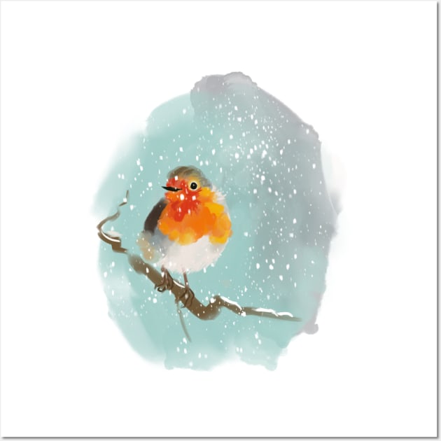 Robin on a tree branch in the snow Wall Art by Orangerinka